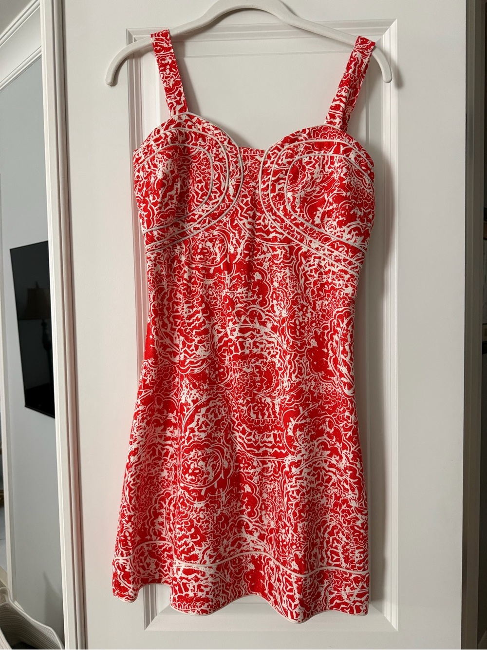 Red and White Printed Mini Dress with Sweetheart Neckline